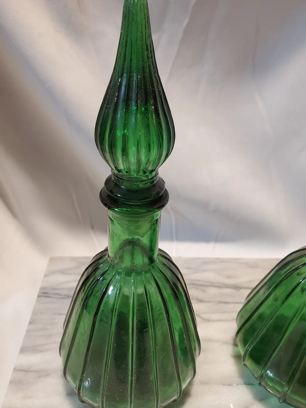 Vintage MCM Empoli Green Glass Genie Bottles Pair - 1960s Italian Art Glass...
